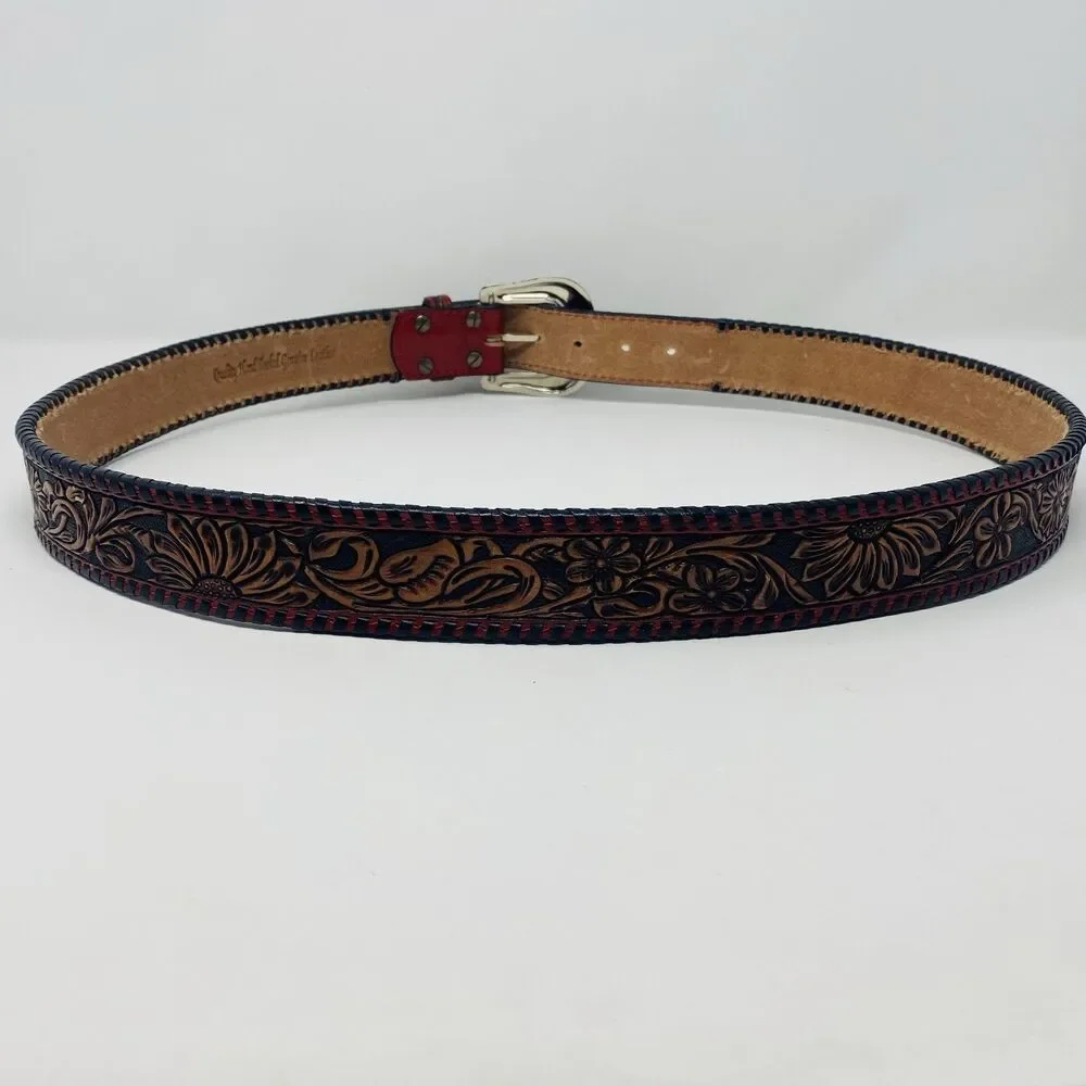 American Darling 44 Red Floral Hand Tooled Leather Belt Western Unisex USA Rodeo